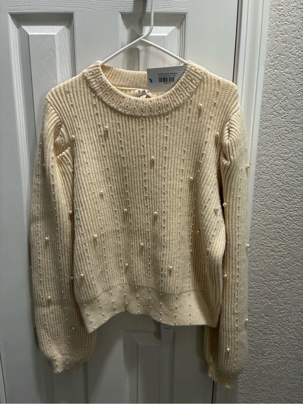 POL Cream Ribbed Pearl-Embellished Crewneck Sweater